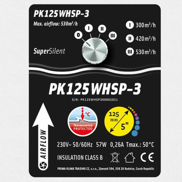 Prima Klima Silenced Fan 3 Speed max.530m³/h 125mm