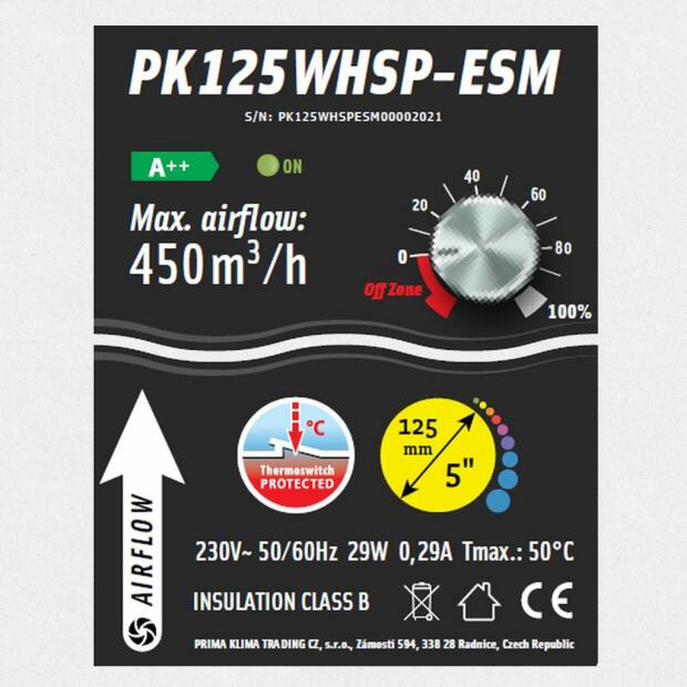 Prima Klima Silenced Fan 2 Speed 360/460m³/h 125mm